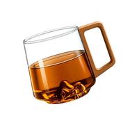 DOSERTY Mountain Bottom Glass Mug with Wooden Handle 450ml High Borosilicate Glass Cup for Coffee & Tea, Unique 3D Carved Design Latte Cup