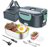 Dosevita Electric Lunch Box 80W 1.5L Heated Lunch Box 12V/24V/230V 3-in-1 Portable Food Heater with Insulated Lunch Bag Spoon and Fork Suitable for Car Truck Office Home (Green)