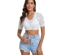 Dosieyeo Women's Dirndl Blouse Lace Dirndl Blouse Short Sleeve Oktoberfest Costume Blouse Elegant Sexy V Neck Lace Blouse, White, XL