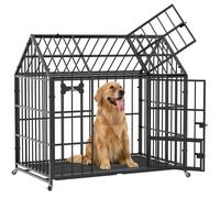 Dosker Heavy Duty Dog Crate 42 Inch,XL Large/Medium Pet Dog Cage Kennel Indoor,Steel Escape Proof Cage with Roof Top 2 Doors Removable Trays,Lockable Wheels