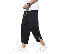DOSLAVIDA Men's Casual Elastic Waist Linen Capri Pants Wide Leg Baggy Cotton Harem Yoga Trousers Loose Patchwork Shorts, Solid-black, Medium