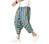DOSLAVIDA Men's Casual Elastic Waist Linen Capri Pants Wide Leg Baggy Cotton Harem Yoga Trousers Loose Patchwork Shorts, G-blue, XXL