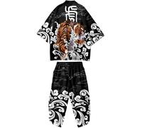 DOSLAVIDA Men's Japanese Kimono Cardigan Suit Chinese Style Printed Jacket Pants Set Open Front Seven Sleeve Top & Shorts, Black Orange, Medium