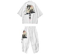 DOSLAVIDA Men's Japanese Kimono Cardigan Suit Chinese Style Printed Jacket Pants Set Open Front Seven Sleeve Top & Shorts, Style 3-white, 5X-Large