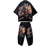 DOSLAVIDA Men's Japanese Kimono Cardigan Suit Chinese Style Printed Jacket Pants Set Open Front Seven Sleeve Top & Shorts, 01-black, XX-L