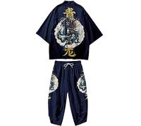 DOSLAVIDA Men's Japanese Kimono Cardigan Suit Chinese Style Printed Jacket Pants Set Open Front Seven Sleeve Top & Shorts, Style 19-navy, Medium