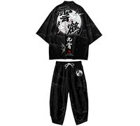 DOSLAVIDA Men's Japanese Kimono Cardigan Suit Chinese Style Printed Jacket Pants Set Open Front Seven Sleeve Top & Shorts, Style 5-black, 5X-Large