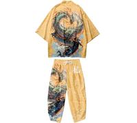 DOSLAVIDA Men's Japanese Kimono Cardigan Suit Chinese Style Printed Jacket Pants Set Open Front Seven Sleeve Top & Shorts, XX-Large, 07-yellow