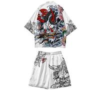 DOSLAVIDA Men's Japanese Kimono Jacket Set Stylish Open Front Coat With Shorts Chinese Style Printed Cardigan Suits, Shorts-white 1, XX-L