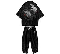 DOSLAVIDA Men's Japanese Kimono Jacket Set Stylish Open Front Coat With Shorts Chinese Style Printed Cardigan Suit, Pants-black 2, Medium