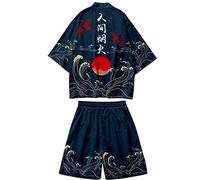 DOSLAVIDA Men's Japanese Kimono Jacket Set Stylish Open Front Coat With Shorts Chinese Style Printed Cardigan Suits, Shorts-blue, 3XL
