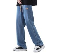 DOSLAVIDA Men's Regular Fit Straight Leg Jeans Casual Drawstring Elastic Waist Denim Pants Lightweight Carpenter Jean, A-blue2, Medium