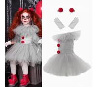 Doslilyy Childs Haunted Harlequin Fancy Dress Halloween Costume Kids Girls Clown Medieval Jester Outfit, Elasticity Adjustable Children Clown Tutu For Cosplay (2-11 Years, S-2XL)