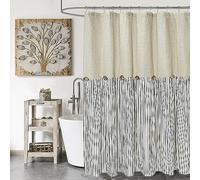 DOSLY IDÉES Farmhaus Shower Curtain with Black Stripes, Linen Cotton, Decorative Buttons, Pleated, 180 x 180 cm