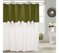 DOSLY IDÉES Farmhouse Green Shower Curtain, Bowknot, Cotton Blend Fabric, Pleated Green Stripe, Country Style, 72x72 in, Bathroom