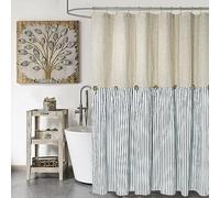 DOSLY IDÉES Farmhouse Shower Curtain,Beige and Blue Stripe,Button Curtain,Linen and Cotton Woven Fabric,Rustic Charm Country Chic Style,72x72 in