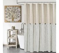 DOSLY IDÉES Farmhouse Shower Curtain,Beige and Gray Stripe,Button Curtain,Linen and Cotton Woven Fabric,Rustic Charm Country Chic Style,72x72 in