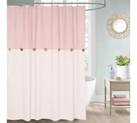 DOSLY IDÉES Farmhouse Shower Curtain for Bathroom, Beige and Pink Striped, Button Bathroom Curtain, Cotton Blend Fabric, Rustic Charm, Country Style, 180 x 180 cm