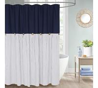 DOSLY IDÉES Farmhouse Shower Curtain, Navy Blue and Blue Stripes, Button Curtain, Linen-Cotton, Woven Fabric, Rustic Charm, Country Style, 180 x 180 cm