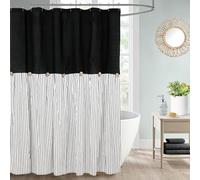 DOSLY IDÉES Farmhouse Shower Curtain with Black, Linen Cotton, Decorative Buttons, Black Stripes, Pleated, 180 x 200 cm