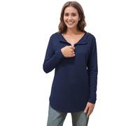DOSWODE Chemo Shirts for Women with Port Access and Side Snaps Long Sleeve for Post Surgery Recovery Dialysis Comfort Shirt, Navy Blue, XL