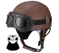 DOT ECE Approved Retro Leather Pilot with Goggles, Open Face Half Shell Motorbike Helmet, Quick Release Buckle Vintage Half Face Helmet for Men Women, Cruiser Scooter(E,S=(55~56cm))