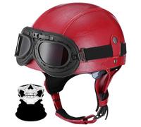 DOT ECE Approved Retro Leather Pilot with Goggles, Open Face Half Shell Motorbike Helmet, Quick Release Buckle Vintage Half Face Helmet for Men Women, Cruiser Scooter(K,L=(59~60cm))