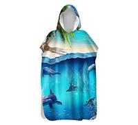 DOTBUY Hooded Bath Towel Poncho Microfiber Poncho Changing Robefor Kids Adults, Blue 3D Marine Animals Printed Beach Towel Quick Dry Light Weight Beach Swim Bath Robe (Dolphin,75x145cm)