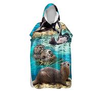 DOTBUY Hooded Bath Towel Poncho Microfiber Poncho Changing Robefor Kids Adults, Blue 3D Marine Animals Printed Beach Towel Quick Dry Light Weight Beach Swim Bath Robe (Otter,60x110cm)