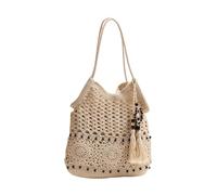 DOTBUY-SHOP Beach Bag for Women, Wooden Beads Straw Bag Beach Bags with Zip, Summer Bags for Women, Straw Woven Handbag for Travel Holiday Shopping Seaside (Beige)