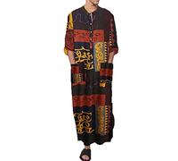 DOTBUY-SHOP Men's Muslim Robe Islamic Thobe Long Sleeve Kaftan Abaya Middle East Dubai Loose Casual Ethnic Clothing Jalabiya Gown Shirt for Men Brown