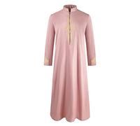 DOTBUY-SHOP Men's Muslim Robe Islamic Thobe Satin Long Sleeve Kaftan Abaya Middle East Dubai Loose Casual Ethnic Clothing Jalabiya Gown Shirt for Men Pink