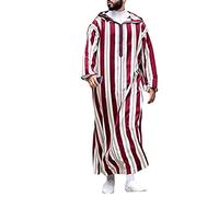 DOTBUY-SHOP Men's Muslim Robe Islamic Thobe Stripe Long Sleeve Kaftan Abaya Middle East Dubai Loose Casual Ethnic Clothing Jalabiya Gown Shirt with Hood for Men Red