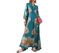 DOTBUY-SHOP Muslim Dresses for Women, Elegant Long Sleeve Casual Maxi Robe Islamic Kaftan Dubai Abaya Gown Loose Moroccan Caftan Soft Round Neck Traditional Clothing S-XXL (Blue Print,L)