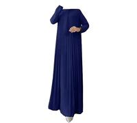 DOTBUY-SHOP Muslim Dresses for Women, Elegant Long Sleeve Casual Solid Color Maxi Robe Islamic Kaftan Dubai Abaya Gown Loose Moroccan Caftan Soft Round Neck Plus Size Traditional Clothing Navy Blue