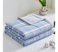 DOTBUY-SHOP Quilted Bedspreads, Quilt Bed Throws 100% Cotton, Solid/Plaid Print Reversible Design Quilted Throw for Single, Double, Super King, Children's Bed, All Season (Gray-Blue,180x220cm)