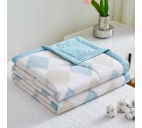 DOTBUY-SHOP Quilted Bedspreads, Quilt Bed Throws 100% Cotton, Solid/Plaid Print Reversible Design Quilted Throw for Single, Double, Super King, Children's Bed, All Season (Blue-White 1,150x200cm)