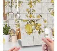 DOTBUY-SHOP Tile Stickers for Kitchen Bathroom, 3D Green Leaf Lemon Pattern Self Adhesive Waterproof Oil-Proof PVC Tile Wall Stickers 24 Pack Peel and Stick Wall Panels (Yellow Lemon,20x20cm)