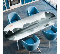 DOTBUY-SHOP Waterproof Oval Table Cloth Wipe Clean, Elastic Edged Fitted Oval Tablecloth, Washable Table Cover for Kitchen Outdoor Dining Garden Picnic, Chinese Style (Bamboo Boat,137x183cm)