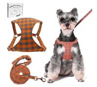 Dote on No Pull Dog Harness and Lead Set, Soft Adjustable Puppy Cat Harness, Floral/Plaid Escape Proof Pet Vest Harness for Extra Small/Small Medium Dogs, Orange Plaid, S