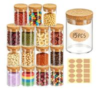 Dotilili 15 Pcs 100ml Small Glass Jars with Cork Lids, Clear Borosilicate Glass Bottle Jar Set with Sticker Labels for Spice Candy Coffee Tea Herbs Sugar Salt Wedding Favours DIY Crafts Party Gifts