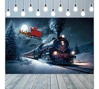 DOTOOMA 7x5 FT Christmas Old Fashioned Steam Locomotive Photo Backdrop Cartoon Polar Express Backdrop Snowy Winter Night Background Train Birthday Holiday Party Decorations
