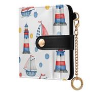 Dots Sailboat Lighthouse White Print Small Women Wallet RFID Blocking Bifold PU Leather Compact Card Holder with Zipper Coin Pocket Purse for Women Ladies Girls