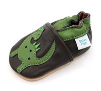 Dotty Fish Soft Leather Baby and Toddler Barefoot Shoes. Boys. Non-Slip Suede Soles. Green and Brown Shoe with Dinosaur. 0-6 Months (1 UK Child)