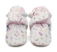 Dotty Fish Cotton Baby Booties with Suede Sole - Warm Fleece Lining - Non-Slip, Stay On Slippers. Soft Pink with Bees and Butterflies. 0-6 months