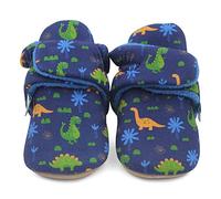 Dotty Fish Cotton Baby Booties with Suede Sole - Warm Fleece Lining - Non-Slip, Stay On Slippers. Navy Blue with Dinosaurs. 0-6 months