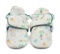 Dotty Fish Cotton Baby Booties with Suede Sole - Warm Fleece Lining - Non-Slip, Stay On Slippers. Teal fleece with Safari Animals. 12-18 months