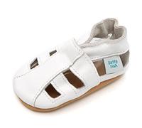 Dotty Fish Soft Leather Baby and Toddler Barefoot Shoes for Boys and Girls. Non-Slip Suede Soles. White Sandals. 6-12 Months (3 UK Child)