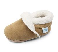 Dotty Fish Baby & Toddler Soft Suede Slippers - Non-Slip, Warm Fleece-Lined Shoes - Light Brown Tan. 6-12 Months (3 UK Child)