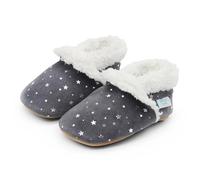 Dotty Fish Baby & Toddler Soft Suede Slippers - Non-Slip, Warm Fleece-Lined Shoes - Grey with Silver Stars. 18-24 Months (6.5 UK Child)